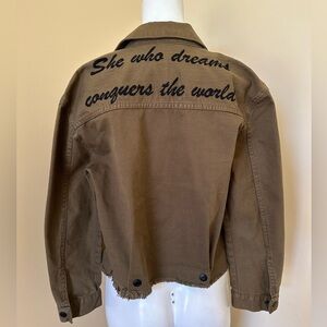 Zara green jacket with fringe and writing on back size small